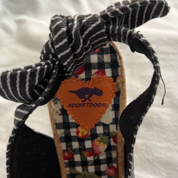 Rocketdog Black/White Stripe Black Denim Wedge Sandals - Picture 5 of 9